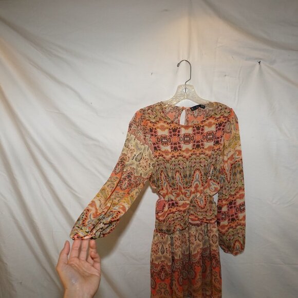 MNG Mango Sheer Gauze Paisley Side Cut-out Print Ruffled Dress 2 Festival Boho - Picture 5 of 13